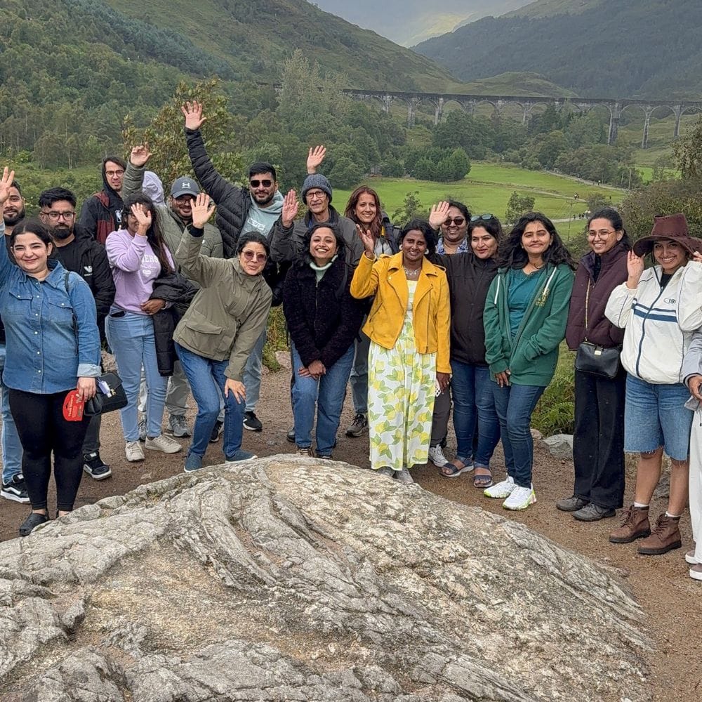 Waving tour group